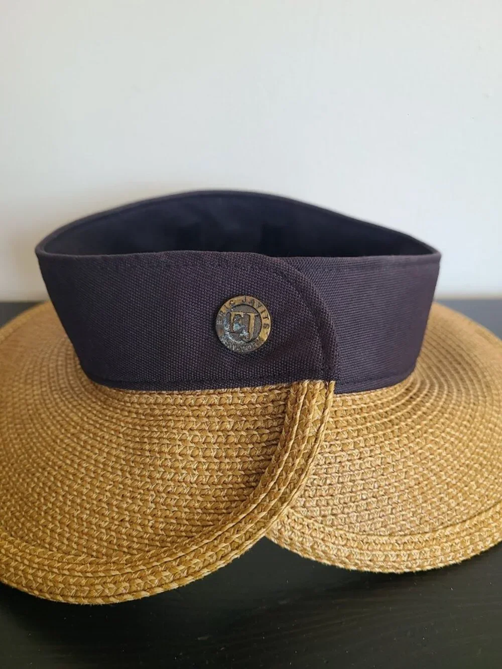 Eric Javits Halo Natural Black Squishee UPF 50+ Straw Visor Hat Wide Brim - Picture 2 of 6